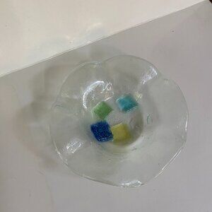 Little Glass Dish or Ashtray clear with blue and green fused squares